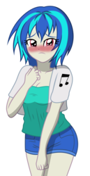 Size: 1240x2399 | Tagged: safe, artist:sumin6301, dj pon-3, vinyl scratch, equestria girls, g4, blushing, clothes, female, looking at you, shirt, short hair, shorts, simple background, solo