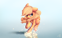 Size: 2600x1600 | Tagged: safe, artist:moondreamer16, applejack, earth pony, pony, g4, female, mare, missing accessory, simple background, smiling, solo, splash