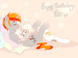 Size: 4032x3024 | Tagged: safe, artist:plnetfawn, oc, oc only, oc:babs, oc:blaze, pony, unicorn, clothes, cuddling, female, happy birthday, male, pillow, scarf, shipping, simple background, straight, text