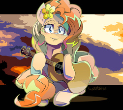 Size: 1600x1423 | Tagged: safe, artist:tyuubatu, pear butter, earth pony, pony, g4, the perfect pear, acoustic guitar, female, flower, flower in hair, guitar, looking at you, mare, musical instrument, smiling, solo