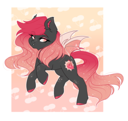 Size: 2109x1997 | Tagged: safe, artist:plnetfawn, oc, oc only, oc:cherry bomb, bat pony, pony, abstract background, female, looking at you, makeup, mare, slit pupils, solo, sparkles