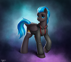 Size: 3000x2601 | Tagged: safe, artist:l1nkoln, oc, oc only, oc:nimbus, pegasus, pony, clothes, cutie mark, high res, hoodie, male, solo, stallion