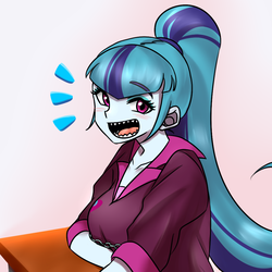 Size: 1000x1000 | Tagged: safe, artist:raika0306, sonata dusk, equestria girls, g4, my little pony equestria girls: rainbow rocks, blushing, clothes, female, looking at you, open mouth, sharp teeth, simple background, smiling, solo, teeth