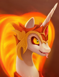 Size: 1970x2574 | Tagged: safe, artist:yunnecora, daybreaker, alicorn, pony, a royal problem, g4, bust, fangs, female, fire, helmet, mare, portrait, smiling, solo, tongue out