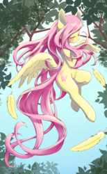 Size: 1200x1942 | Tagged: safe, artist:unousaya, fluttershy, pegasus, pony, semi-anthro, g4, arm hooves, blushing, cute, eyes closed, feather, female, flying, mare, shyabetes, solo, tree