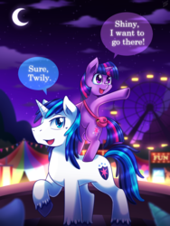 Size: 1125x1500 | Tagged: safe, artist:vavacung, shining armor, twilight sparkle, pony, unicorn, g4, brother and sister, carnival, crescent moon, cute, dialogue, female, ferris wheel, filly, filly twilight sparkle, male, moon, night, ponies riding ponies, riding, smiling, speech bubble, twiabetes, twilight riding shining armor, younger