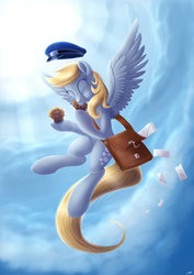 Size: 1280x1811 | Tagged: safe, artist:jeki, derpy hooves, pegasus, pony, g4, cloud, crepuscular rays, eating, eyes closed, female, food, mail, mailbag, mailmare, mare, muffin, smiling, solo, spread wings, sunlight, wings