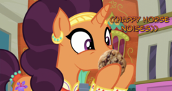 Size: 1366x720 | Tagged: safe, edit, saffron masala, pony, g4, cookie, descriptive noise, food, horse noises, the tasty treat