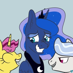 Size: 2000x2000 | Tagged: safe, artist:yakoshi, princess luna, alicorn, pony, unicorn, a royal problem, g4, fake smile, female, grin, high res, male, mare, newbie artist training grounds, nose wrinkle, simple background, smiling, stallion