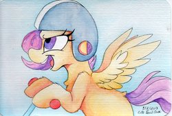 Size: 1786x1208 | Tagged: safe, artist:cutepencilcase, scootaloo, pony, g4, blank flank, chest fluff, female, filly, open mouth, profile, scooter, simple background, smiling, solo, spread wings, traditional art, wings