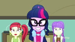 Size: 1280x720 | Tagged: safe, screencap, rose heart, sci-twi, starlight, twilight sparkle, equestria girls, g4, my little pony equestria girls: summertime shorts, subs rock, bowtie, cute, discovery family logo, glasses, ponytail, smiling, twiabetes