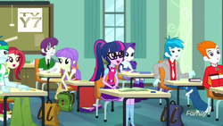 Size: 1280x720 | Tagged: safe, screencap, captain planet, heath burns, indigo wreath, rarity, rose heart, sci-twi, starlight, thunderbass, twilight sparkle, equestria girls, g4, my little pony equestria girls: summertime shorts, subs rock, background human, backpack, chair, classroom, cute, desk, discovery family logo, excited, glasses, ponytail, sitting, twiabetes