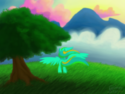 Size: 1600x1200 | Tagged: safe, artist:glitterstar2000, oc, oc only, pegasus, pony, cloud, female, grass, mare, mountain, outdoors, rear view, scenery, solo, spread wings, tree, wings