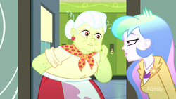 Size: 1280x720 | Tagged: safe, screencap, granny smith, princess celestia, principal celestia, equestria girls, g4, my little pony equestria girls: summertime shorts, subs rock, bun, celestia is not amused, clothes, ear piercing, earring, jewelry, lunchlady smith, not impressed, piercing, scarf, unamused