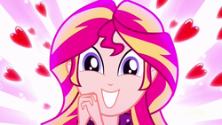 Size: 1280x720 | Tagged: safe, screencap, sunset shimmer, equestria girls, g4, my little pony equestria girls: summertime shorts, pet project, cute, happy, heart, shimmerbetes, shimmering the gecko, smiling, squee