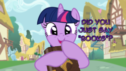 Size: 1366x768 | Tagged: safe, edit, twilight sparkle, pony, g4, book, book of harmony, dialogue, looking at you, that pony sure does love books