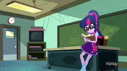 Size: 1280x720 | Tagged: safe, screencap, sci-twi, twilight sparkle, equestria girls, g4, my little pony equestria girls: summertime shorts, subs rock, book, bowtie, classroom, desk, female, glasses, ponytail, reading, solo