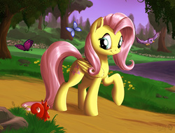 Size: 2065x1570 | Tagged: safe, artist:sirzi, fluttershy, bird, butterfly, pegasus, pony, squirrel, g4, cute, female, mare, outdoors, scenery, shyabetes, smiling, tree