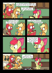 Size: 2480x3507 | Tagged: safe, artist:bobthedalek, apple bloom, applejack, big macintosh, earth pony, pony, g4, the perfect pear, apple bloom's bow, apple siblings, apple sisters, bait and switch, bow, brother and sister, comic, dishonorapple, female, filly, foal, food, hair bow, high res, jam, kitchen, male, mare, pear jam, siblings, sisters, stallion