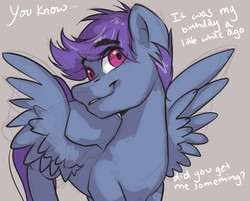 Size: 2917x2343 | Tagged: safe, artist:big-mac-apple, oc, oc only, oc:windy dripper, pegasus, pony, dialogue, explicit source, high res, male, simple background, sketch, smiling, solo, spread wings, stallion, wings