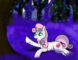 Size: 3300x2550 | Tagged: safe, artist:skyflys, sweetie belle, pony, g4, colored pupils, cute, female, forest, grass, high res, looking up, night, smiling, solo