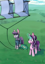 Size: 2480x3508 | Tagged: safe, artist:loneless-art, maud pie, starlight glimmer, earth pony, pony, g4, rock solid friendship, high res, kite, kite flying, painting, scenery