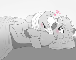 Size: 1538x1230 | Tagged: safe, artist:evomanaphy, oc, oc only, oc:melodis, oc:yaktan, pony, bed, blushing, chest fluff, cuddling, doodle, female, male, melotan, monochrome, shipping, sketch, snuggling, straight