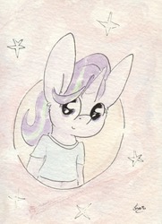 Size: 692x956 | Tagged: safe, artist:slightlyshade, starlight glimmer, unicorn, anthro, g4, belly button, big ears, bust, clothes, female, midriff, shirt, short shirt, smiling, solo, stars, traditional art