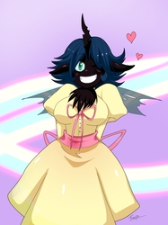 Size: 1176x1576 | Tagged: safe, artist:traupa, queen chrysalis, changeling, changeling queen, anthro, g4, alternate hairstyle, blushing, breasts, clothes, cute, cutealis, dress, female, heart, one eye closed, short hair, smiling, solo, wink
