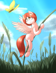 Size: 2303x3015 | Tagged: safe, artist:otakuap, oc, oc only, oc:weathervane, butterfly, pegasus, pony, cloud, commission, female, grass, high res, mare, micro, sky, smiling, solo, ych result