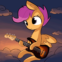 Size: 825x825 | Tagged: safe, artist:tjpones, scootaloo, pegasus, pony, g4, animated, bass guitar, chest fluff, cloud, female, filly, frown, gif, guitar, musical instrument, sad, scootabass, sitting, solo, sunset