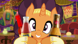 Size: 1366x768 | Tagged: safe, edit, saffron masala, pony, g4, dialogue, food, hot sauce, looking at you, spicy, this will end in diarrhea