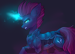 Size: 3200x2312 | Tagged: safe, artist:nightskrill, tempest shadow, pony, unicorn, g4, my little pony: the movie, armor, broken horn, female, frown, glowing eyes, glowing horn, high res, horn, mare, neck fluff, serious, serious face, solo, teeth