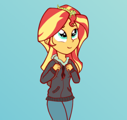 Size: 986x934 | Tagged: safe, artist:zharkaer, ray, sunset shimmer, leopard gecko, eqg summertime shorts, equestria girls, monday blues, pet project, clothes, cute, female, gradient background, hoodie, shimmerbetes, walking
