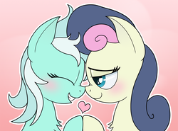 Size: 1469x1085 | Tagged: safe, artist:manual-monaro, bon bon, lyra heartstrings, sweetie drops, earth pony, pony, unicorn, blushing, boop, boop bon, bust, canon ship, chest fluff, cute, eyes closed, featured image, female, gradient background, grin, happy, heart, heartwarming in hindsight, holding hooves, lesbian, lidded eyes, lyrabon, mare, nose wrinkle, noseboop, outline, portrait, profile, shipping, smiling