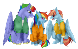 Size: 1024x643 | Tagged: safe, artist:kimyowolf, bow hothoof, rainbow dash, windy whistles, pony, g4, abuse, blushing, bound wings, chains, clothes, cuffed, cuffs, dashabuse, embarrassed, handcuffed, prison outfit, prisoner, prisoner rd, rainbow dash's parents, shackles