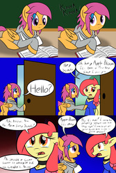 Size: 2560x3840 | Tagged: safe, artist:lucid dusk, apple bloom, scootaloo, pony, comic:ask motherly scootaloo, g4, book, cast, clothes, comic, crying, hairpin, high res, knocking, motherly scootaloo, sweatshirt