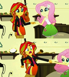 Size: 1366x1534 | Tagged: safe, color edit, edit, edited edit, screencap, fluttershy, sunset shimmer, equestria girls, g4, my little pony equestria girls: summertime shorts, pet project, collage, colored, guitar, holding hands, lip bite, maracas, musical instrument, pure unfiltered evil, pure unfiltered horror