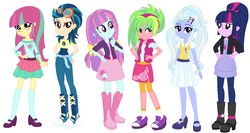 Size: 1156x617 | Tagged: safe, artist:sarahgdo, indigo zap, lemon zest, sci-twi, sour sweet, sugarcoat, sunny flare, twilight sparkle, equestria girls, g4, alternate hairstyle, base used, boots, clothes, ear piercing, earring, female, goggles, jewelry, piercing, shadow six, shoes, skirt, sneakers, socks