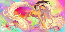 Size: 3464x1732 | Tagged: safe, artist:wilvarin-liadon, applejack, earth pony, pony, g4, abstract background, color porn, female, floppy ears, freckles, impossibly long mane, impossibly long tail, long mane, long tail, looking back, mare, smiling, solo