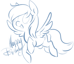 Size: 702x602 | Tagged: safe, artist:php27, rainbow dash, pegasus, pony, g4, cute, female, flying, happy, happy birthday, mare, monochrome, open mouth, simple background, sketch, smiling, solo, spread wings, white background, wings