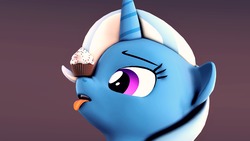 Size: 1920x1080 | Tagged: safe, artist:flushthebatsanta, trixie, pony, unicorn, g4, 3d, balancing, cupcake, female, food, mare, ponies balancing stuff on their nose, simple background, solo, source filmmaker, tongue out