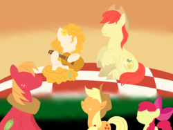 Size: 6000x4500 | Tagged: safe, artist:kingtumult, apple bloom, applejack, big macintosh, bright mac, pear butter, earth pony, pony, g4, the perfect pear, absurd resolution, apple family, apple siblings, apple sisters, brother and sister, female, filly, foal, guitar, lineless, male, mare, minimalist, modern art, ship:brightbutter, shipping, siblings, simple, sisters, stallion, straight