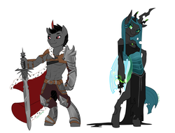 Size: 1024x781 | Tagged: safe, artist:joan-grace, king sombra, queen chrysalis, anthro, unguligrade anthro, g4, alternate universe, armor, clothes, dress, hoof hands, magic, male, rebellion, simple background, size difference, smaller male, sword, weapon, white background