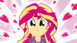Size: 3840x2160 | Tagged: safe, artist:paganmuffin, sunset shimmer, eqg summertime shorts, equestria girls, g4, pet project, clothes, cute, female, heart, high res, looking at you, shimmerbetes, shimmering the gecko, smiling, solo, wallpaper