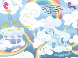 Size: 1600x1200 | Tagged: safe, g4, official, cloudsdale, explore equestria, implied rainbow dash, my little pony logo, wallpaper