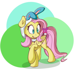 Size: 1232x1142 | Tagged: safe, artist:sentireaeris, fluttershy, butterfly, pegasus, pony, g4, bunny ears, cute, female, folded wings, looking at something, mare, raised hoof, shyabetes, simple background, smiling, solo