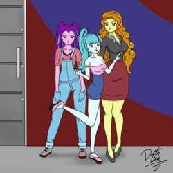 Size: 1000x1000 | Tagged: safe, artist:deltalima, adagio dazzle, aria blaze, sonata dusk, equestria girls, g4, alternate clothes, armlet, bracelet, breasts, cleavage, clothes, high heels, jewelry, miniskirt, overalls, pigtails, ponytail, pose, shirt, shoes, skirt, twintails
