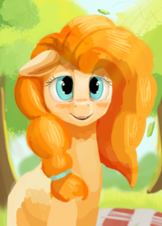 Size: 1000x1396 | Tagged: safe, artist:camyllea, pear butter, earth pony, pony, g4, the perfect pear, atg 2017, female, looking at you, mare, newbie artist training grounds, smiling, solo, tree