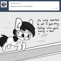 Size: 1650x1650 | Tagged: safe, artist:tjpones, oc, oc only, oc:toolbelt mchomemaker, earth pony, pony, horse wife, ask, construction, ear fluff, footing, grayscale, monochrome, ponytail, safety goggles, solo, tumblr